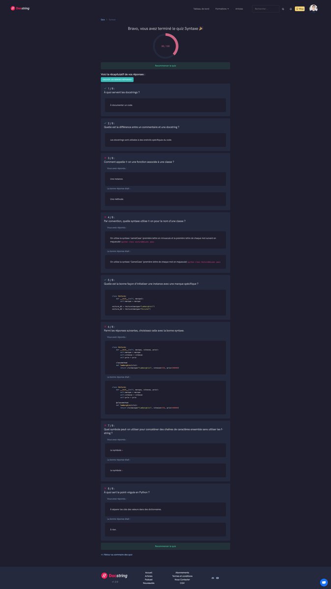 ThibaultHoudon's tweet image. Avec #Docstring 2.0, vous aurez désormais accès à des quiz séparément des formations.
On est en train de préparer des centaines de questions sur toutes sortes de thématiques pour que vous soyez en mesure de tester vos connaissances 🎓
#Python