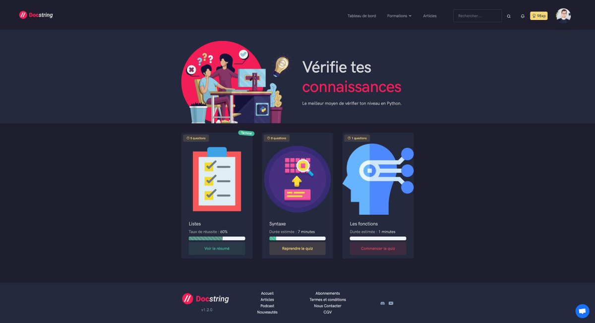 ThibaultHoudon's tweet image. Avec #Docstring 2.0, vous aurez désormais accès à des quiz séparément des formations.
On est en train de préparer des centaines de questions sur toutes sortes de thématiques pour que vous soyez en mesure de tester vos connaissances 🎓
#Python