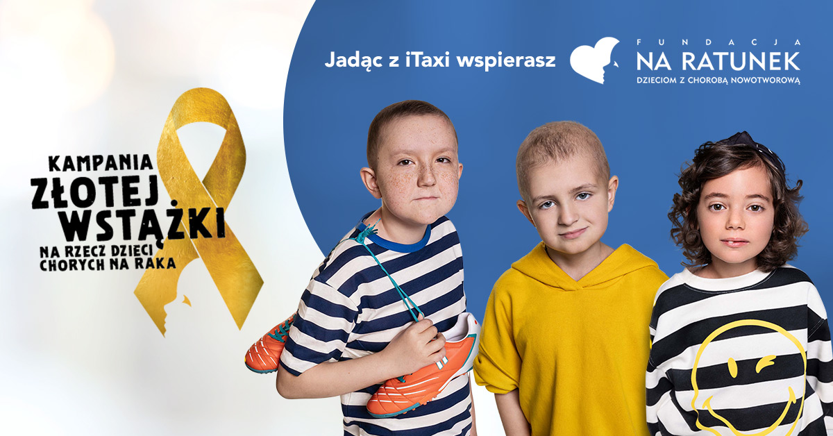 Od teraz jadąc z iTaxi możesz pomóc!

Dołączyliśmy do szczytnej „Kampanii Złotej Wstążki”.

Wdrożyliśmy specjalne rozwiązanie w aplikacji, dzięki któremu już w momencie zamawiania kursu możecie wpłacać środki na leczenie dzieci.

<a href="/PrzyladekN/">Przylądek Nadziei</a>