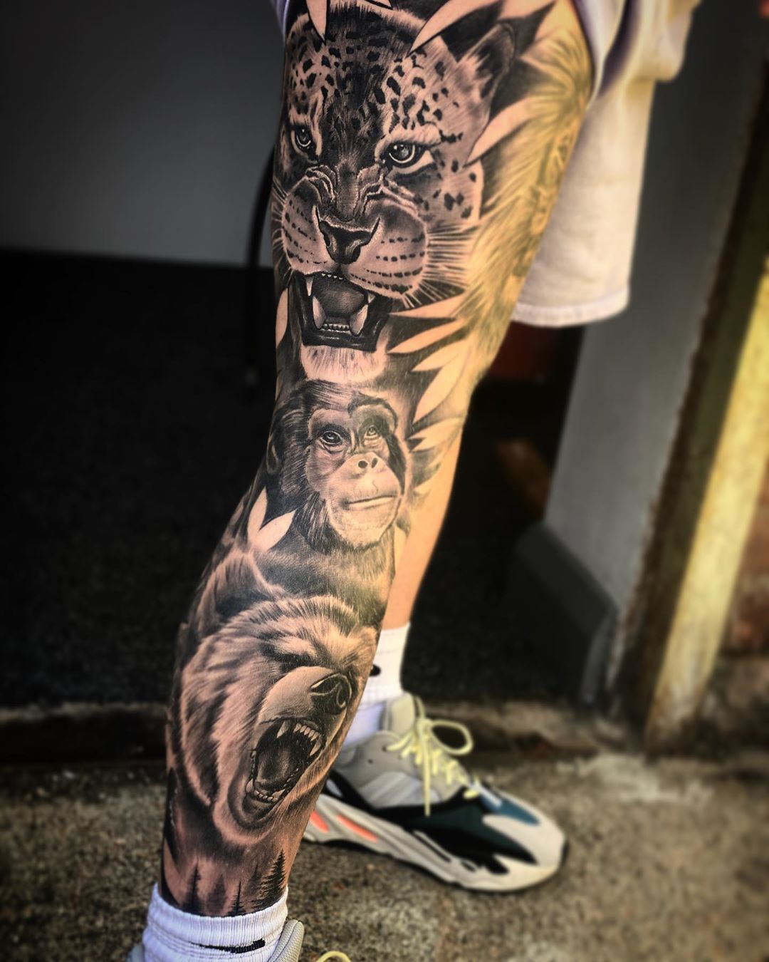 Tattoo uploaded by Joe • Jungle sleeve. #DustyBrasseur #DustyBrasseur  #watercolor #stainedglass #nature #sleeve #animals #monkey #venusflytrap  #panda #leopard #frog • Tattoodo