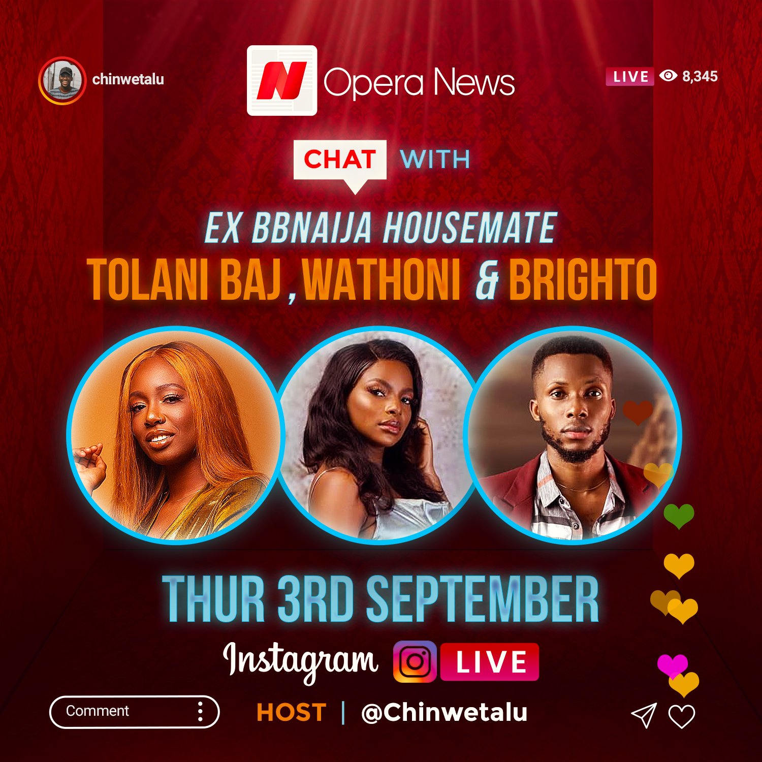 Chidi On Twitter Link Up On Ig At 11 45 Am Lets Chat With Your Favourite Housemates Tolanibaj Wathonianyansi Thebrighto Send In Your Questions Asap Https T Co Uwncfal5at Bbnaija Bbnaija Bbnaijalockdown Https T Co Ycgdjtzdgs