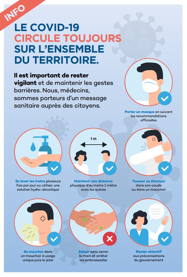 Le #Covid19 circule toujours. ⚠

Port du #masque, respect des #gestesbarrières, distanciation sociale… Nous, médecins, devons poursuivre la sensibilisation de nos patients et concitoyens. 
conseil-national.medecin.fr/sites/default/…