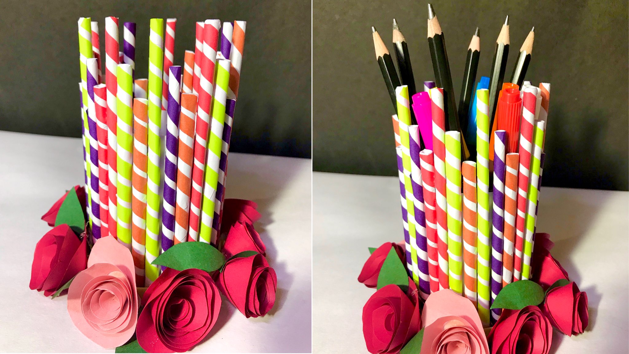 Pen stand with paper outlet