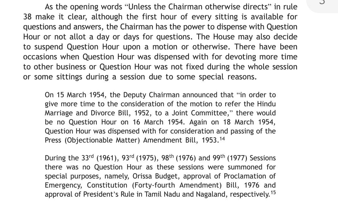 Sharing some instances on which the question hour was suspended after 1952.