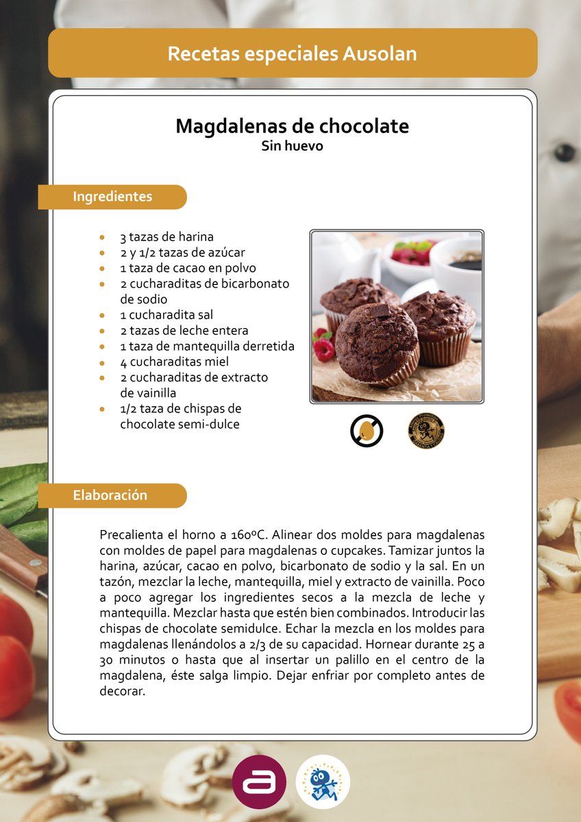 GrupoAUSOLAN's tweet image. Para que la vuelta se haga menos dura, hemos preparado estas #Magdalenas de chocolate elaboradas sin huevo de la mano de @ATXorg  con el certificado de #AllergyProtection, que garantiza la seguridad alimentaria de alérgenos. #RecetasAusolan