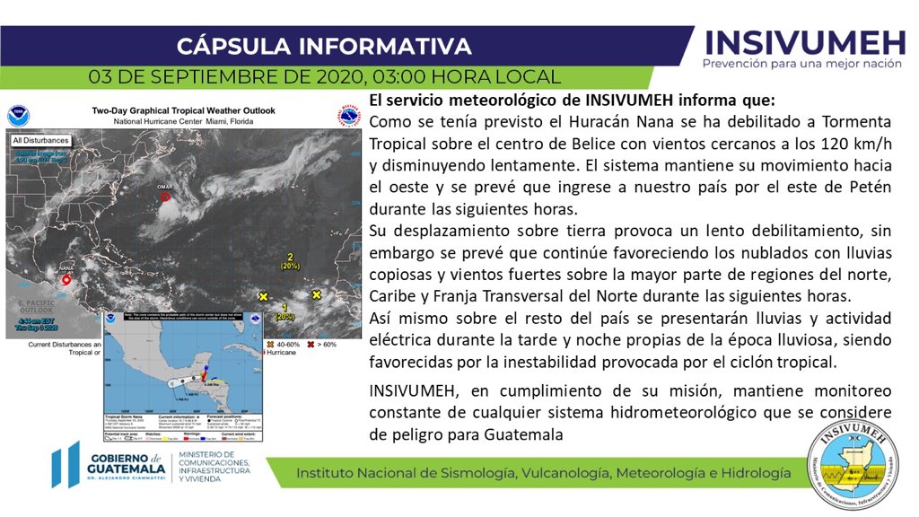 El reporte de las 3 a.m. de <a href="/insivumehgt/">INSIVUMEH</a> informa que el fenómeno meteorológico #Nana se degradó a Tormenta Tropical en territorio beliceño.