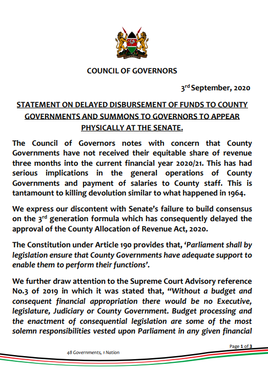 KenyaGovernors's tweet photo. Council of Governors Statement on delayed disbursement of funds to County Governments and summons to Governors to appear physically @Senate_KE https://t.co/It0CloYu8l