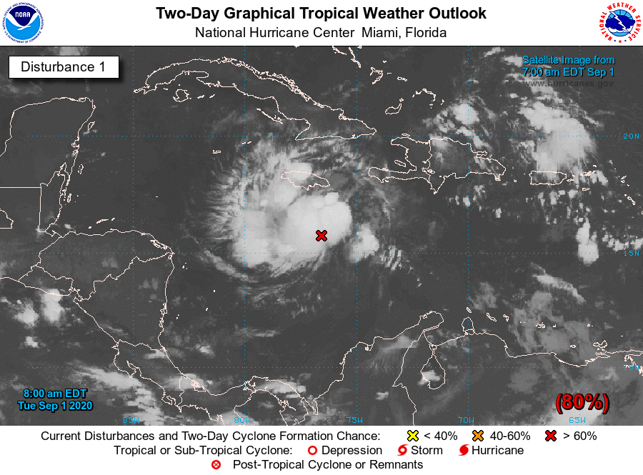 NHC_Atlantic's tweet photo. As we head into the peak month of hurricane season, NHC is monitoring 2 systems for development. Potential tropical cyclone or tropical cyclone advisories will likely be issued later today for the Caribbean system, along with watches/warnings. https://t.co/GeSZbWzDi3