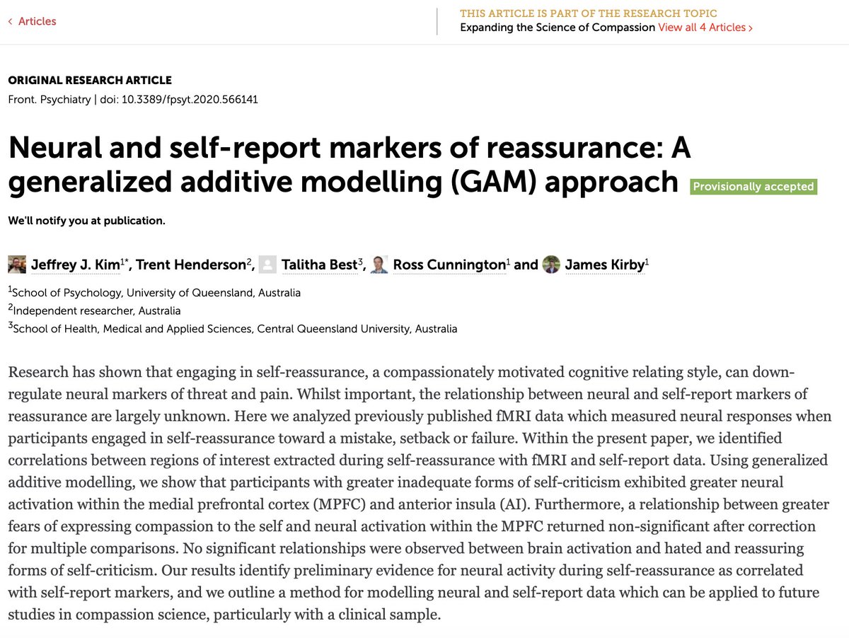 James N. Kirby (@jamesnkirby) on Twitter photo Cool new work just accepted with @jeffreyjkim_, <a href="/trentlikesstats/">Trent Henderson</a>. Key take home, the form of self-criticism matters when it comes to self-reassurance. Inadequate criticism & reassurance neurally correlate, self-hatred criticism does not frontiersin.org/article/10.338… Cool new work just accepted with @jeffreyjkim_, <a href="/trentlikesstats/">Trent Henderson</a>. Key take home, the form of self-criticism matters when it comes to self-reassurance. Inadequate criticism & reassurance neurally correlate, self-hatred criticism does not frontiersin.org/article/10.338…