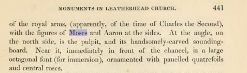 #17thCentury #ChurchArchitecture How do you cement royal authority, and show support for it, during the reign of Charles II? Well, you paint the royal coat of arms with figures of Moses and Aaron at the sides of course. (Leatherhead Church, Surrey). archive.org/details/topogr…