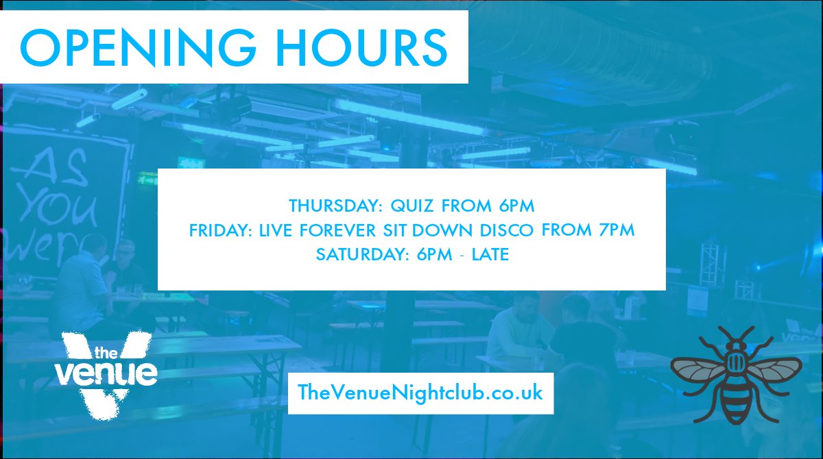 This week

📱 Thursday: Quiz
🎧 Friday: Live Forever Sit Down Disco
🍻 Saturday: Open 'till late

Bookings essential

thevenuenightclub.co.uk/Events.html

#Manchester