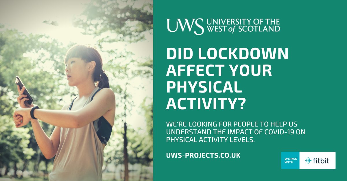 PLS RT: Researchers from <a href="/UniWestScotland/">UWS</a> are using <a href="/Fitbit/">fitbit</a> data to explore how #PhysicalActivity levels changed during #COVID19 lockdown. If you use a Fitbit tracker, you can help! Info here > uws-projects.co.uk #LockdownLowdown <a href="/CSO_Scotland/">CSO(Health)Scotland</a>