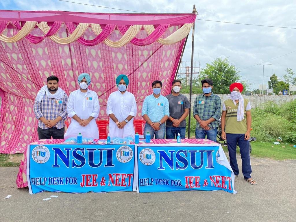 nsui's tweet photo. To ensure safety of students during exams, NSUI Punjab handed over specially designed kits including mask and sanitizer to them outside exam centres.  NSUI wishes you all the very best for your examinations and future endeavours.
#JEEMain https://t.co/lOAYfVgMqv
