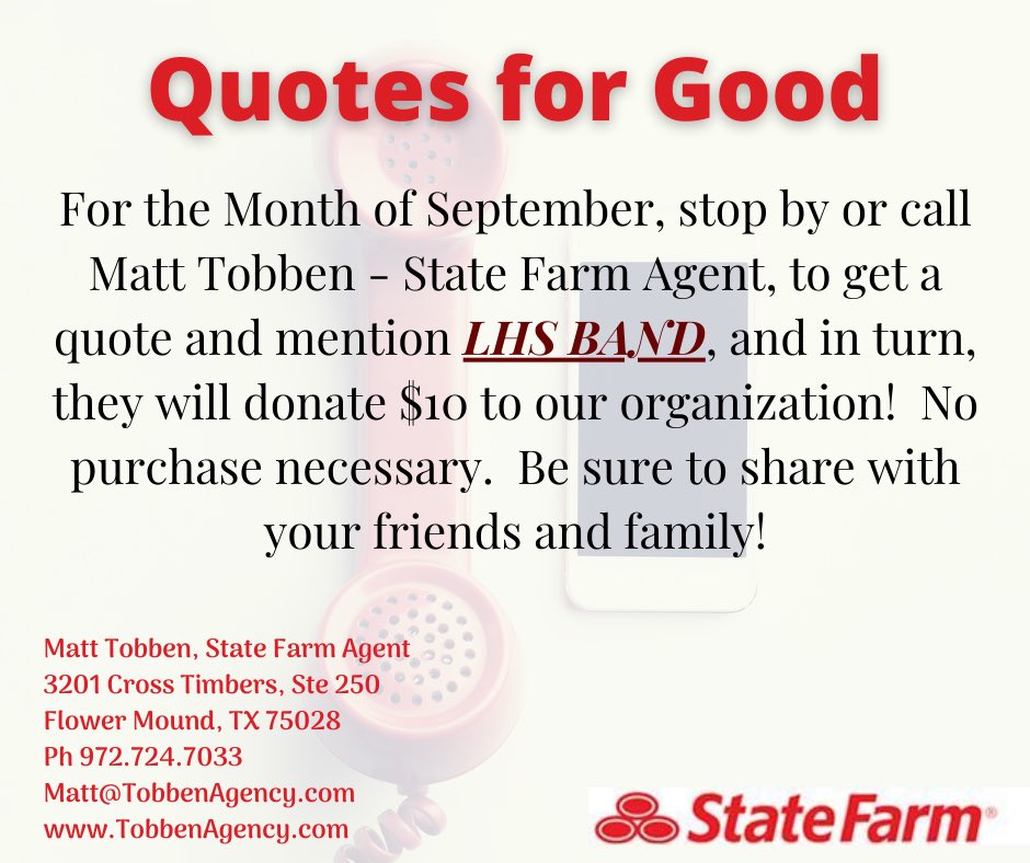 LewisvilleBand's tweet photo. You can help support the LHS Band by calling Matt Tobben - State Farm Agent for a quote. https://t.co/QAbQqFD9X2