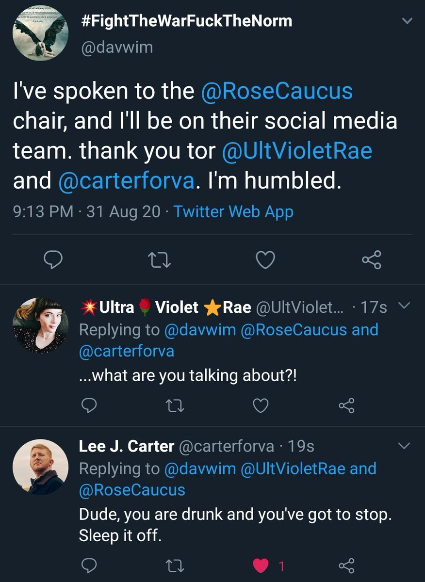 I told him in NO UNCERTAIN TERMS that he wasn't getting a role in social media, bc he wasn't stable enough, and was acting out of character.He tweeted like I said ofherwise, and then proceeded to escalate, harassing me. Then when I stopped responding, he began w/  @carterforva.