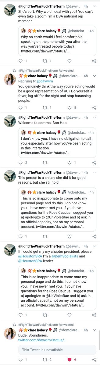 That is when  @davwim began to harass  @dontclareenough; likely bc I had blocked him on the  @RoseCaucus account, & my personal one. Again. Clare is a 22yo college student & yesterday was her first day on the job.He harassed her most of the night, while I slept.Just a sampling: