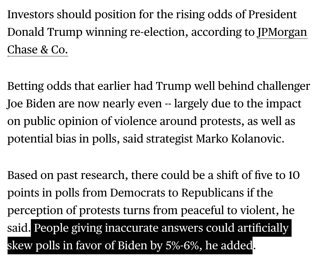 While one should always be alert to the possibility of systematic polling errors in either direction, this (alleging that polls are biased by 5-6 points against Trump because of shy Trump voters) is completely insane. https://www.bloomberg.com/news/articles/2020-09-01/jpmorgan-says-prepare-for-rising-chance-trump-wins-second-term