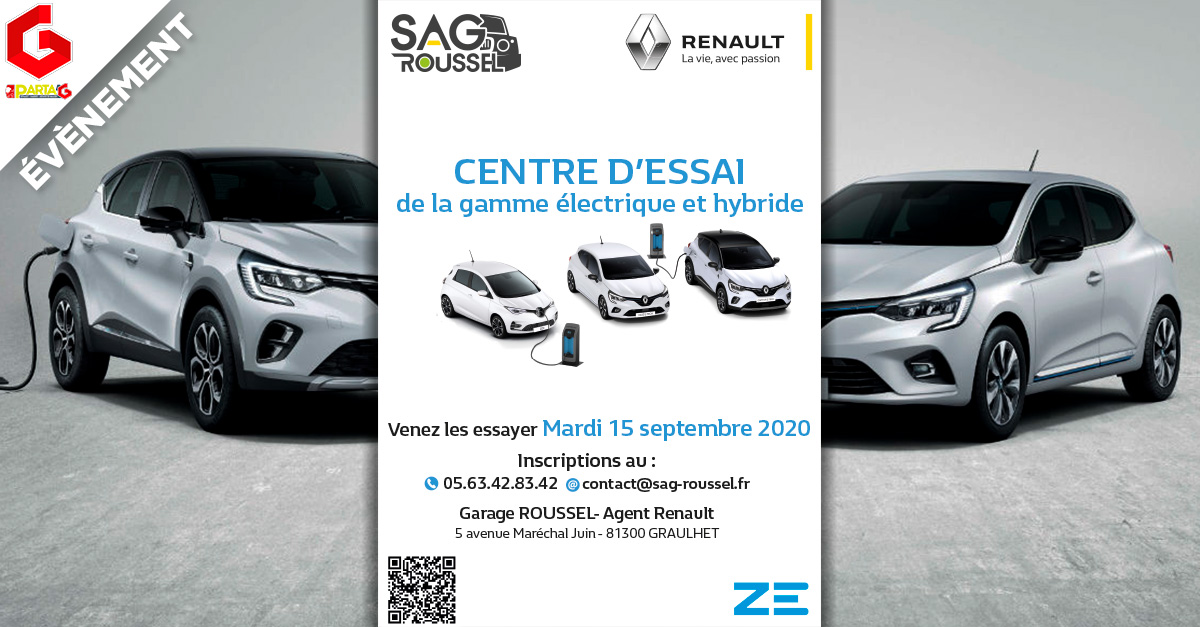 Parta_G's tweet image. Le Garage SAG Roussel
 vous invite à essayer ses modèles électriques et hybrides le mardi 15 septembre 2020 au 5 avenue du Maréchal JUIN à #Graulhet !
apy.re/hoqrP