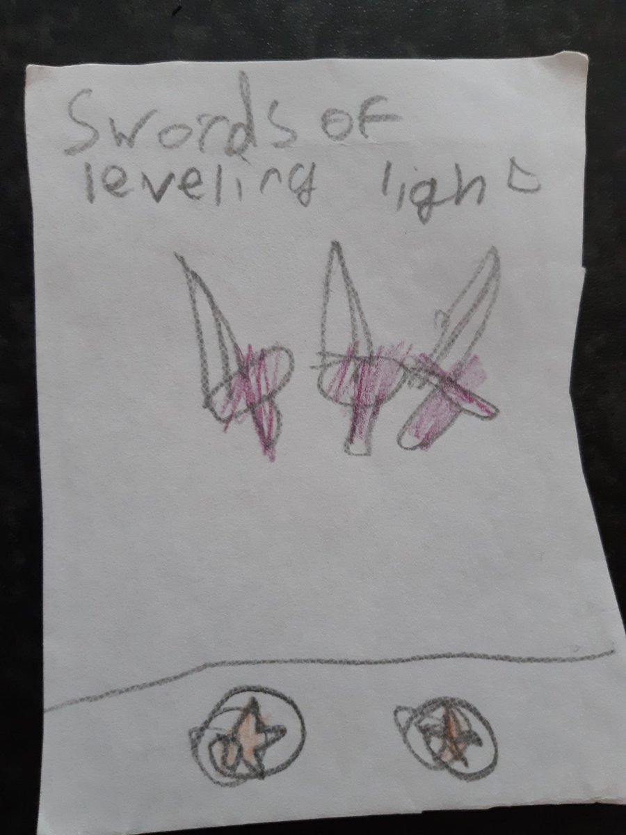 Day 25: Today we have "Swords of Revealing Light". I definitely heard this right as a kid but didn't know how to spell 'revealing' so just went for the nearest word that I could spell so here's "Swords of leveling light"