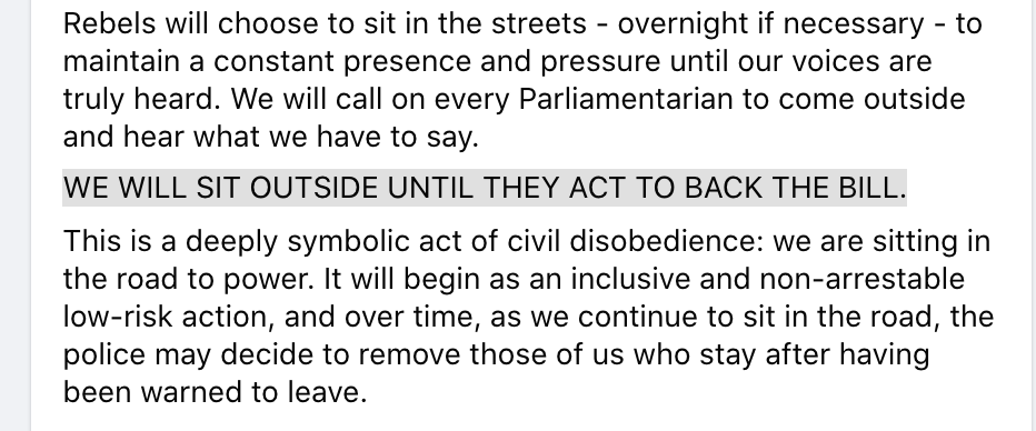 The action is planned to last ten days and coincides with the end of parliamentary recess. Protestors plan to start the day by blocking streets outside Westminster until MP's engage with a piece of legislature called The Climate and Ecological Emergency (CEE) Bill