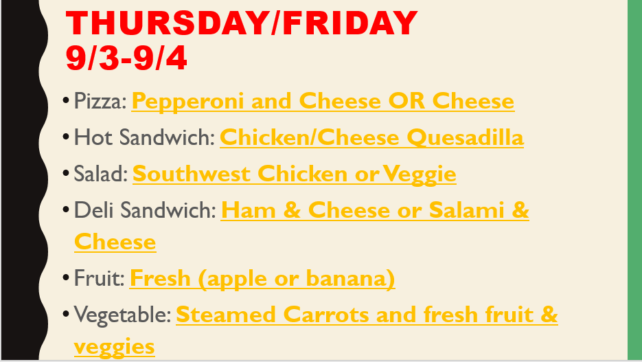 Scarlet Oaks lunch menu for Thursday 9/3- Friday 9/4