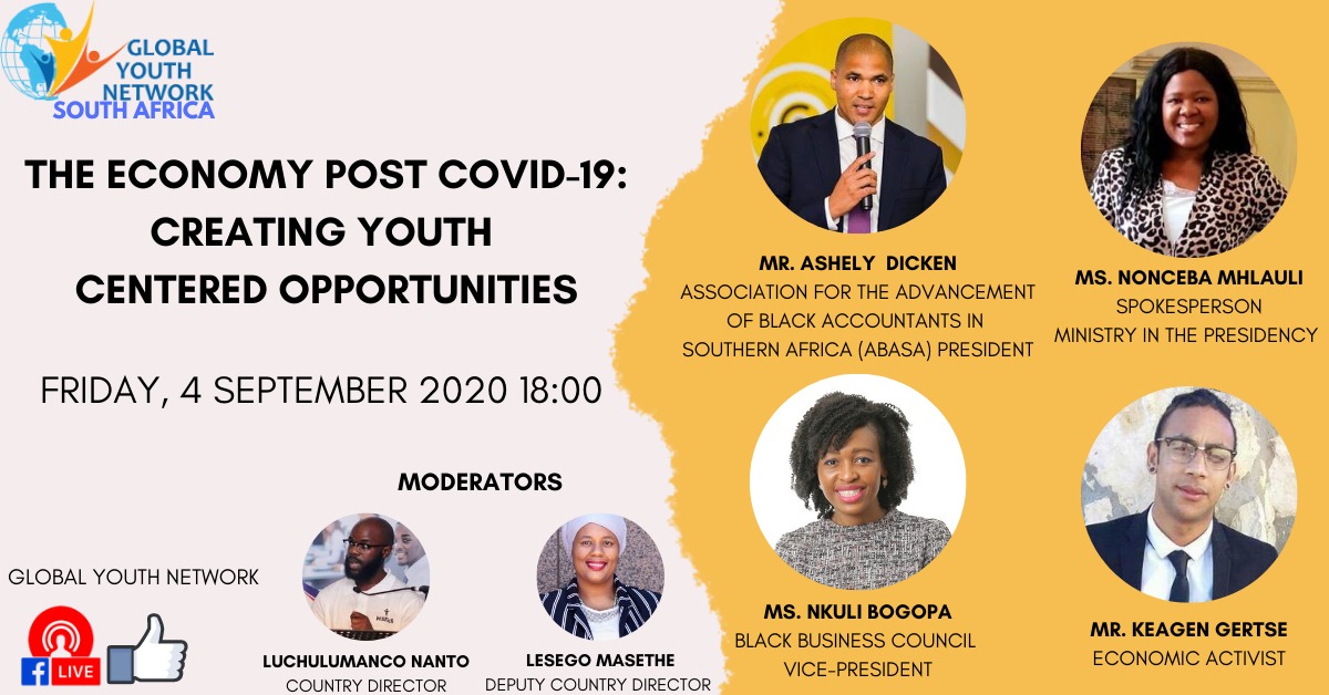 NoncebaMhlauli's tweet photo. Discussing the post COVID-19 economy &amp; opportunities for young people with the @GlobalYouthNet_ this Friday, 4 September 2020. https://t.co/tiOHBeS3Vg