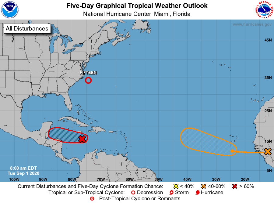 NHC_Atlantic's tweet photo. As we head into the peak month of hurricane season, NHC is monitoring 2 systems for development. Potential tropical cyclone or tropical cyclone advisories will likely be issued later today for the Caribbean system, along with watches/warnings. https://t.co/GeSZbWzDi3