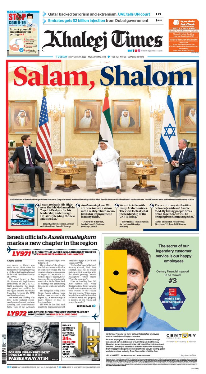khaleejtimes's tweet photo. #UAEIsrael special coverage: Salam, Shalom, Peace

@WhiteHouse @jaredkushner @realDonaldTrump @IvankaTrump @Israel @IsraeliPM @robertcobrien @IsraelMFA @SecPompeo https://t.co/yQ8QbU2RSO