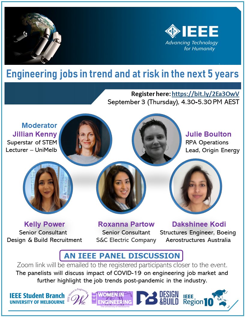 ieeevic's tweet image. Panel Discussion on Engineering Job Market by IEEE UniMelb, WIE Victoria and UniMelb

Date: September 3 (Thursday), 4.30 - 5.30 PM
Register here:  bit.ly/2Ea3OwV

#IEEE #Webinar @IEEER10
