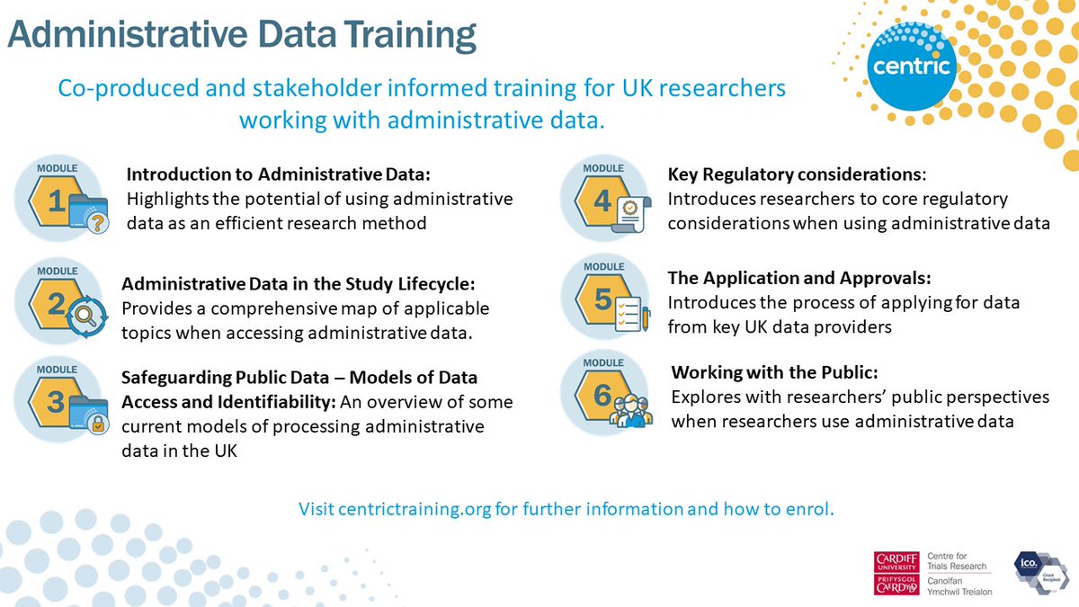 Our online training for researchers working with #administrativedata is now LIVE! See centrictraining.org to enrol! Please share! #routinedata #datalinkage #datasaveslives @CTRCardiffUni @ICOnews