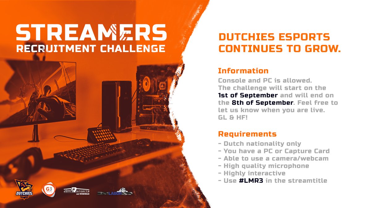 DutchiesEsports's tweet photo. We are looking for Dutch and interactive @Twitch streamers who want to join our team and become part of the Dutchies family.
Want to participate? Put the hashtag #LMR3 in your stream title / "going live" posts and feel free to tag us, we will look through them all on the 8th. https://t.co/ILGbyrMhbT