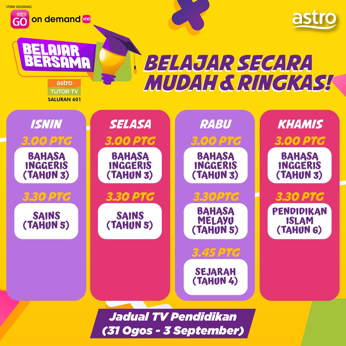 astroonline's tweet photo. Macam mana nak belajar secara mudah dan ringkas? Senang je, jom #BelajarBersamaTTV dan Kementerian Pendidikan dengan cara yang lebih menarik dan berkesan di saluran 601 atau 603. Korang juga boleh strim sekarang di Astro GO atau On Demand! #AstroTutorTV https://t.co/zjmmXSAw3k
