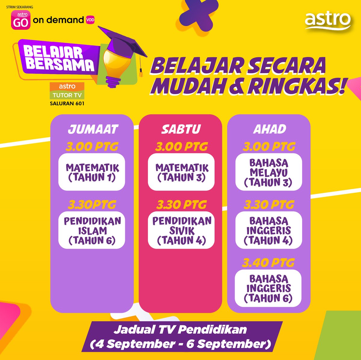 astroonline's tweet photo. Macam mana nak belajar secara mudah dan ringkas? Senang je, jom #BelajarBersamaTTV dan Kementerian Pendidikan dengan cara yang lebih menarik dan berkesan di saluran 601 atau 603. Korang juga boleh strim sekarang di Astro GO atau On Demand! #AstroTutorTV https://t.co/zjmmXSAw3k