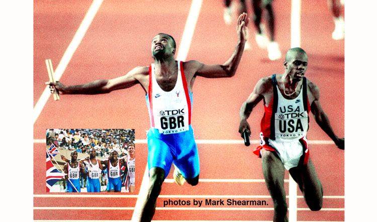 29 years ago today at the World Championships in Tokyo, Kriss Akabusi MBE brought the British team home first in the 4x400m. relay @AthleticsWeekly @runbritain @krissakabusi @RogerBlack400 @Derek_Redmond @Jregismbe1 @BritAthletics