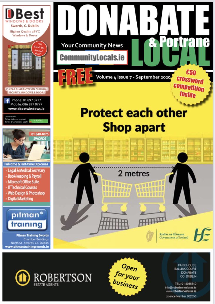 The latest edition of your Community magazine DONABATE LOCAL, Sept ‘20 is in the stands now.
Available at Supervalu Donabate S/c,  Brennan’s Life Pharmacy Main St. and Donabate/Portrane Community Ctr. Also available through our website communitylocals.ie Enjoy.