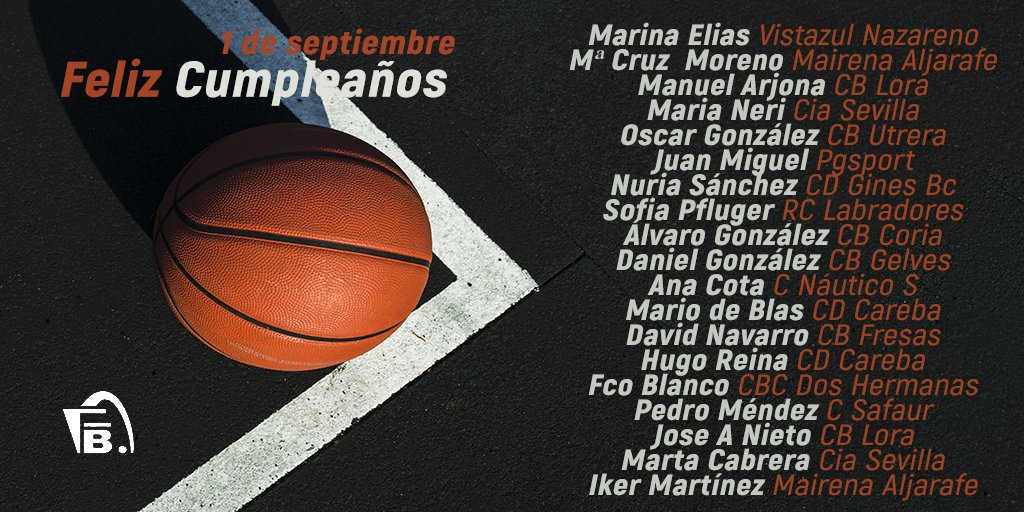 #CumplesFAB
Hoy 1 de septiembre, felicitamos a:
Marina Elias <a href="/cbnazareno/">Club Basket Nazareno</a> 
Mª Cruz  Moreno e Iker Martínez <a href="/basketmairenalj/">Club Baloncesto MAIRENA DEL ALJARAFE</a> 
Manuel Arjona y Jose A Nieto <a href="/lorabasket/">Lora Club Baloncesto</a> 
Maria Neri y Marta Cabrera <a href="/CiadeMariaSev/">C.B. CIA Sevilla</a> 
Oscar González <a href="/CBUtrera/">Club Baloncesto Utrera</a> 
Juan Miguel <a href="/PgsportBasket/">PGSPORT</a> 
⬇️Más abajo ....