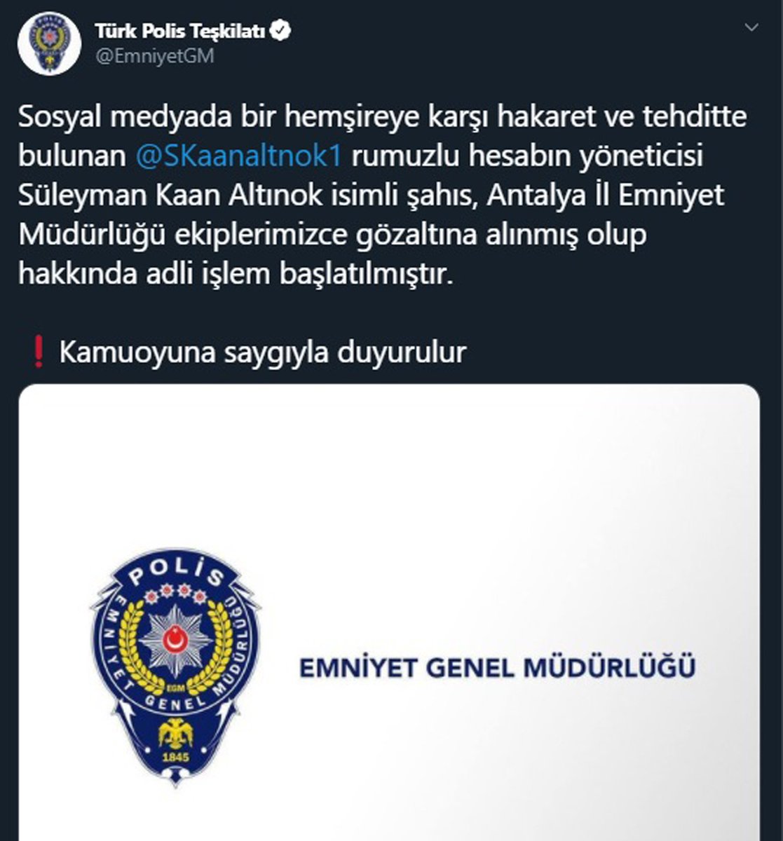 Süleyman Kaan Altınok, Büşra Hemşire'yi sosyal medyada tehdit ettiği gerekçesiyle gözaltına alındı.