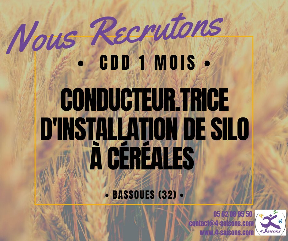 🌾 OFFRE D'EMPLOI 🌾
Nous recherchons pour l'un.e de nos adhérent.e.s un.e Conducteur.trice d'installation de silo à céréales. Intéressé.e ? Plus d'infos sur l'offre et possibilité de postuler en ligne : bit.ly/2ESXB8B
#recrutement  #gers #bassoues #CDD