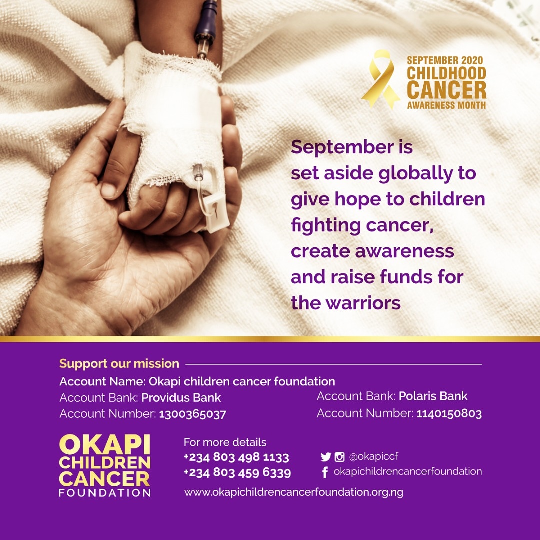Our handles are:IG & Twitter  @okapiccfFacebook @okapichildrencancerfoundation Please like, comment, share, retweet our 30days of awareness campaign. You just may be saving a lifeWith your support we hope to raise N5m to help with bills of children battling Cancer at the NHA