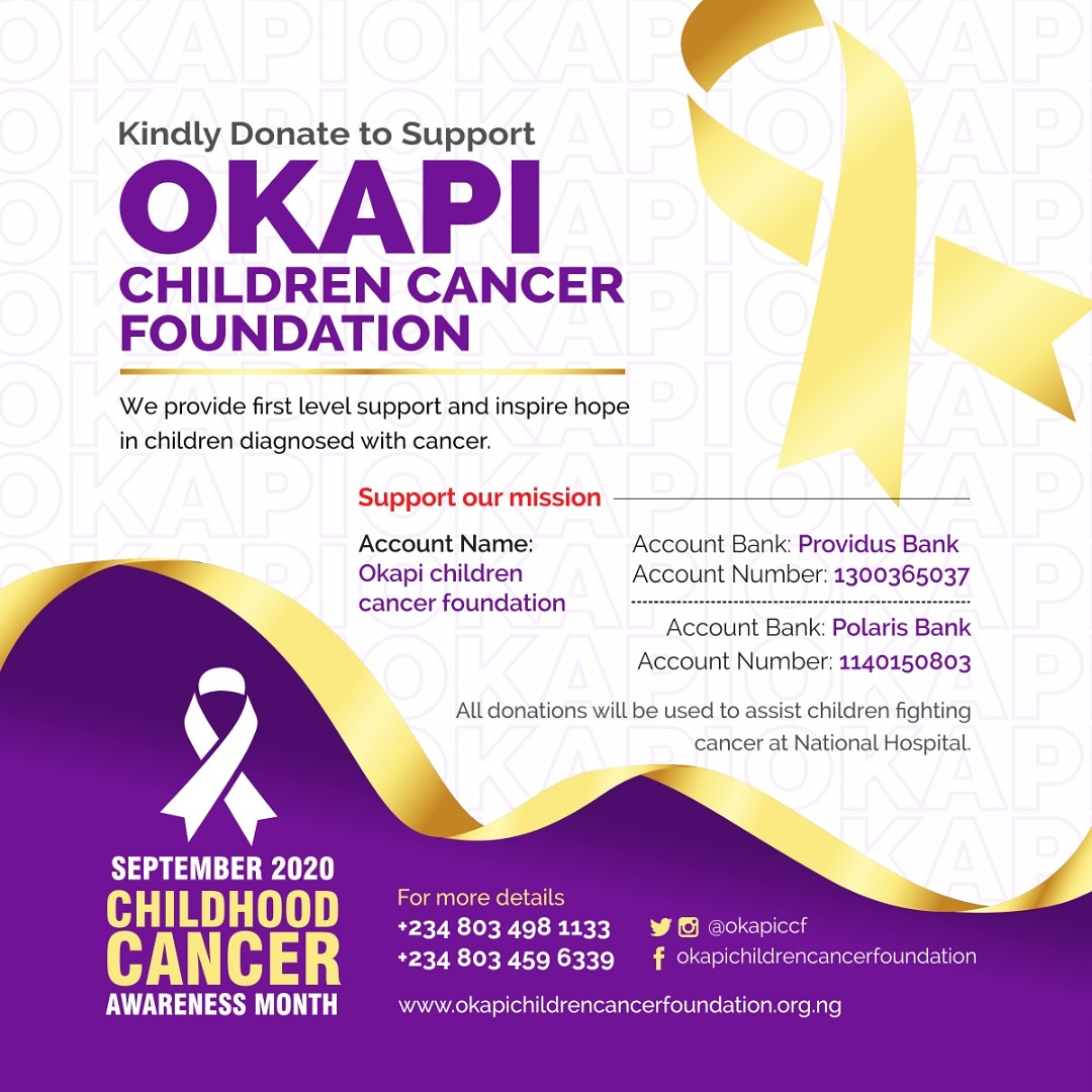 For sponsorship/donations our account details are:1140150803Okapi Children AssociationPolaris BankThank you and God bless you.Kemi AdekanyeFor: Okapi Children Cancer Foundation