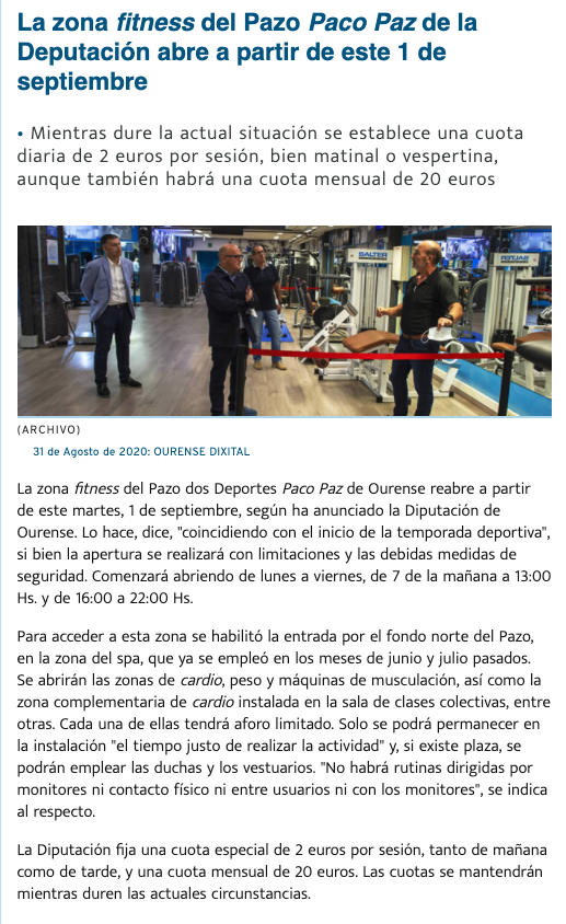 DeputacionOU's tweet photo. La zona fitness del @PazoPacoPaz de la @DeputacionOU abre a partir de hoy 1 de septiembre

• Mientras dure la actual situación se establece una cuota diaria de 2 euros por sesión, bien matinal o vespertina, aunque también habrá una cuota mensual de 20 euros https://t.co/2zyxTVFooO