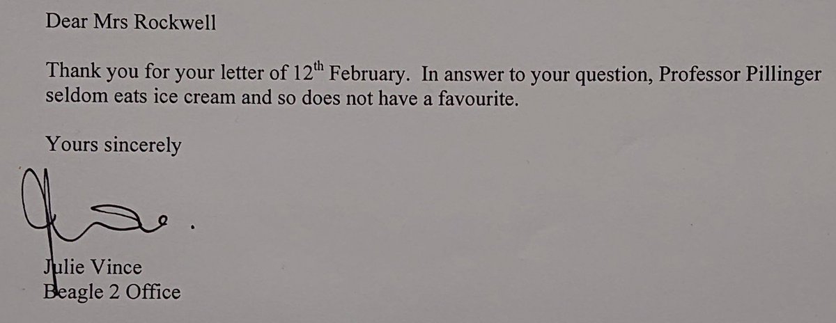 FredoRockwell's tweet image. The late Professor Colin Pillinger of @OpenUniversity, noted astronomer, planetary scientist, and principle investigator of the @esa #Beagle2 Mars lander project, seldom ate ice cream (according to this letter dated 17 Feb 2005 and addressed to &quot;Mrs Freda Rockwell&quot;).