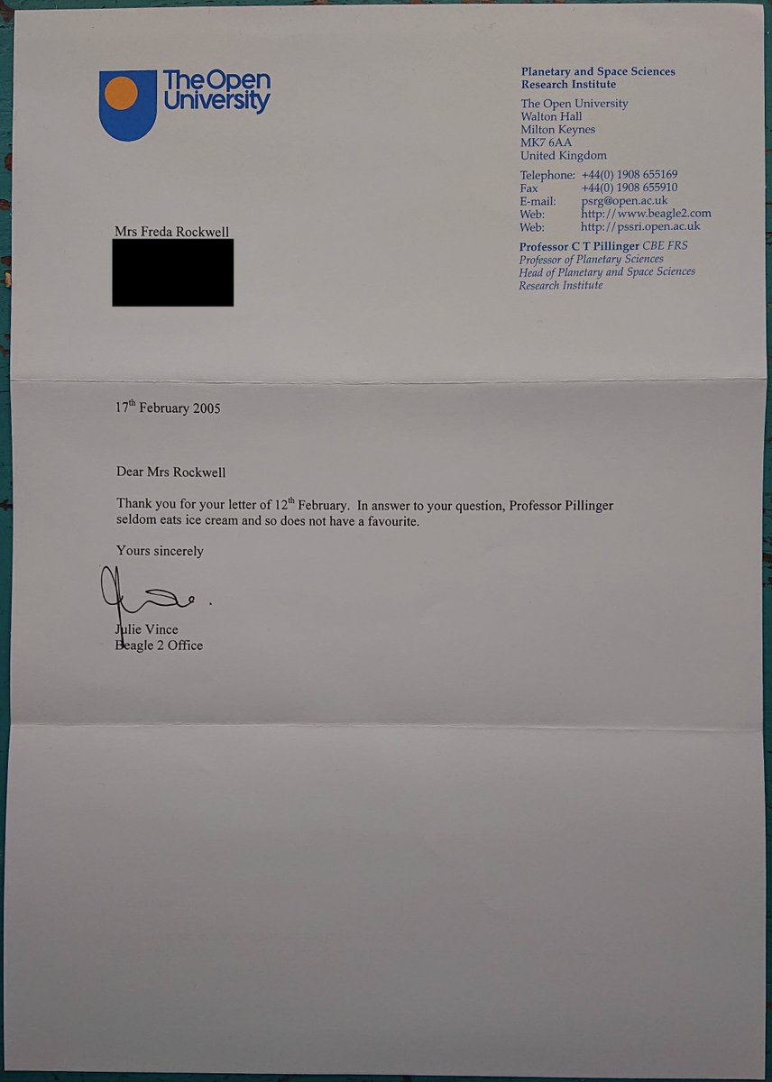 FredoRockwell's tweet image. The late Professor Colin Pillinger of @OpenUniversity, noted astronomer, planetary scientist, and principle investigator of the @esa #Beagle2 Mars lander project, seldom ate ice cream (according to this letter dated 17 Feb 2005 and addressed to &quot;Mrs Freda Rockwell&quot;).