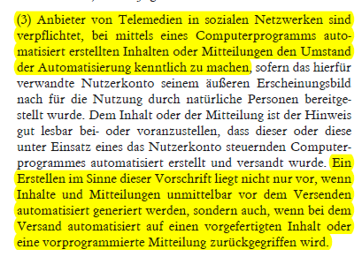 datenreiserecht's tweet image. Hochgeschätztes #Teammedienrecht, ich benötige Deine Schwarmintelligenz. Zur (künftigen) Kennzeichnungspflicht von "#SocialBots" in § 18 Abs. 3 #MStV. Vorausplanung von Tweets mit #Hootsuite &amp;amp; Co nach § 18 Abs. 3 Satz 1 wohl (noch) nicht tatbestandlich, aber nach Satz 3 schon?