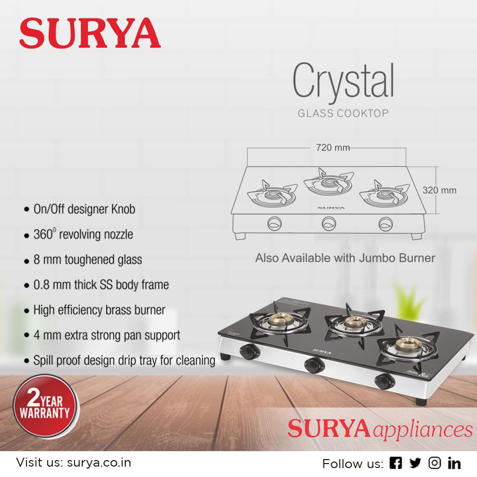 surya_roshni's tweet photo. Cooking becomes easy when you have the right accessories and utensils with you. The #SURYA #Crystal #Glass #cooktop features, a set of three spacious burners for cooking more than one dish at the same time.
Visit us at: https://t.co/s4ZG3VHx9h
#suryahomeappliances #suryacooktop https://t.co/cBrJWDjs2M