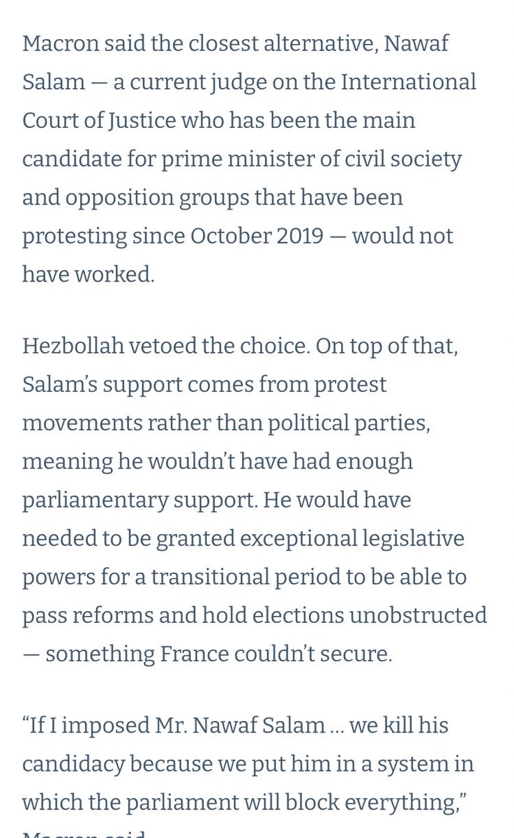 3- Just like Hezbollah vetoed Nawaf Sallam it will veto any path to real reformsOfcourse macron cant nominate a pm but he could have negotiated with them behind closed doors: Nawaf or sanctions instead of reforms or sanctions*The same warlords are not capable of making reforms*
