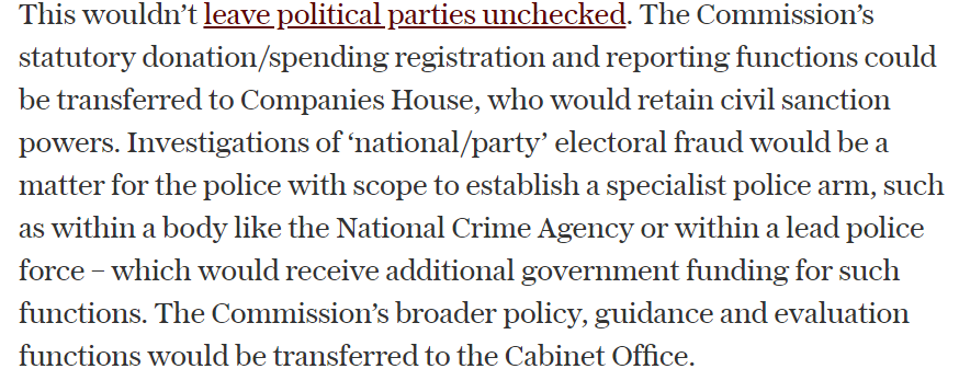 10) Companies House should be regulator for political parties if EC doesn't reformGov has recognised Companies House needs a major overhaul, so curious choice of new regulator. it's also an exec agency of gov, so not independent!!! See 7) above about hobbling independence.