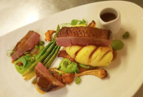 One of the recent specials.. Sold out! Pretty pleased with it.. Pan seared duck breast, Pomme puree, Broad beans, Asparagus, Chantrelles, Pea puree, Jus.. a feast for the eyes!