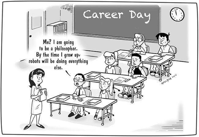 This photo, whilst meant to be amusing, illustrates a profound point. Replace the word "philosopher" with "thinking" and it is just as appropriate. We live in a world where information collection and management is increasingly being taken over by technology and AI tools.