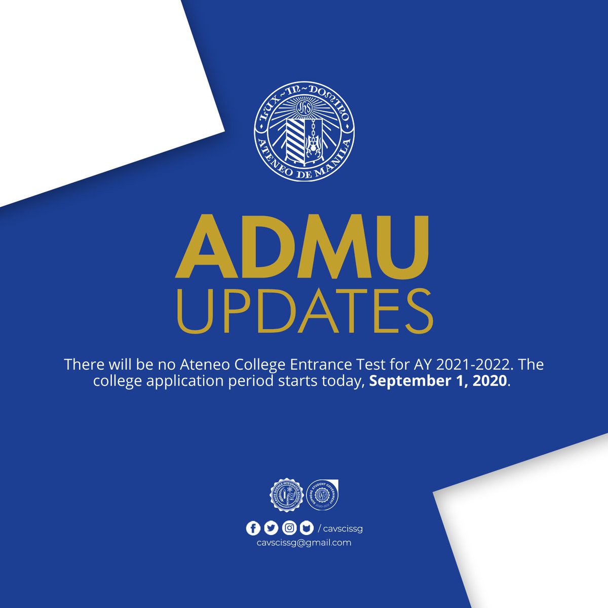 cavscissg's tweet photo. ATTENTION, SENIORS!

The Ateneo de Manila University College Entrance Test for AY 2021-2022 will not be conducted. College application officially starts today, September 1, 2020.

Visit https://t.co/1CKNCl0AWe and https://t.co/3MIaxV3Fr2 for more details.

#CavSciSSG
#CETUpdates https://t.co/mNgq99snpd